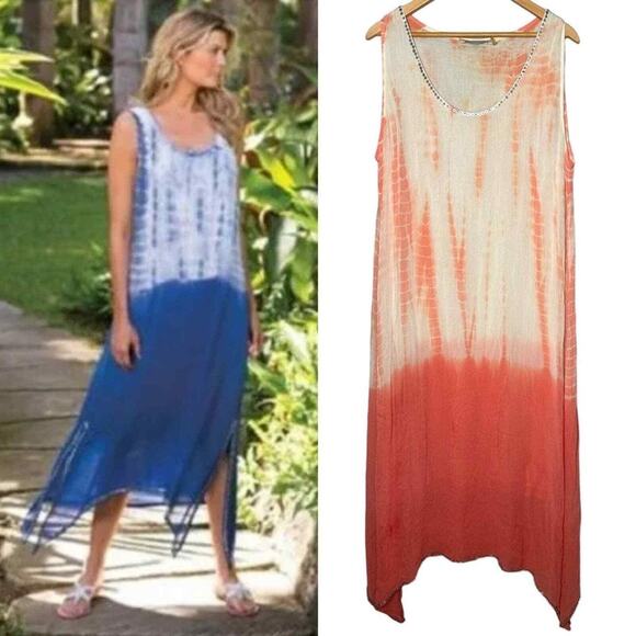 Soft Surroundings Dresses & Skirts - Soft Surroundings Make A Splash Peach Coral Tie Dye Ombré Midi Dress Boho Large